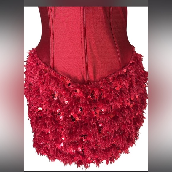 Red sequin Metallic and Faux feather mini dress with corset top - Picture 4 of 5